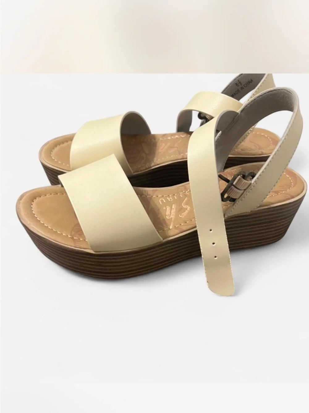 Cream Two-Strap Platform Sandals with Slingback Buckle